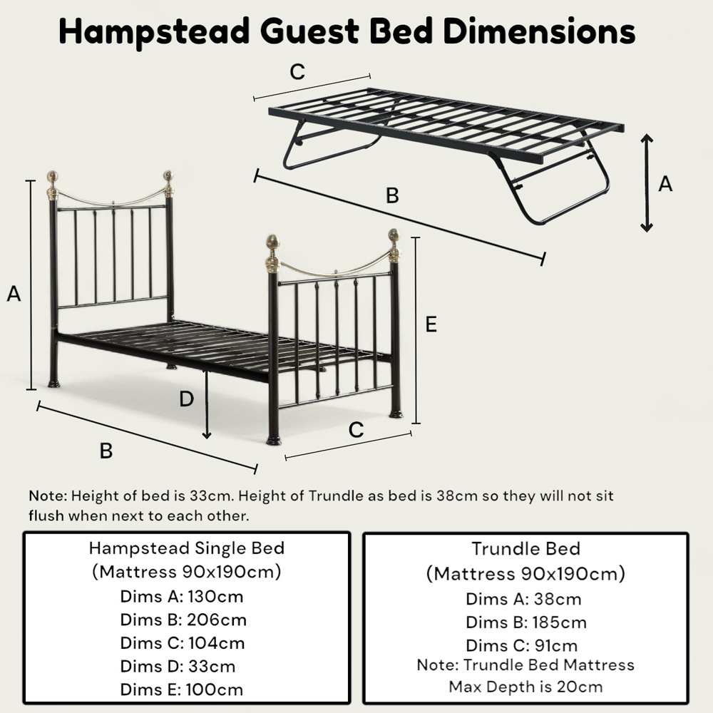 OAT Home Hampstead Single Black and Brass and Black Guest Trundle Metal Bed Image 8