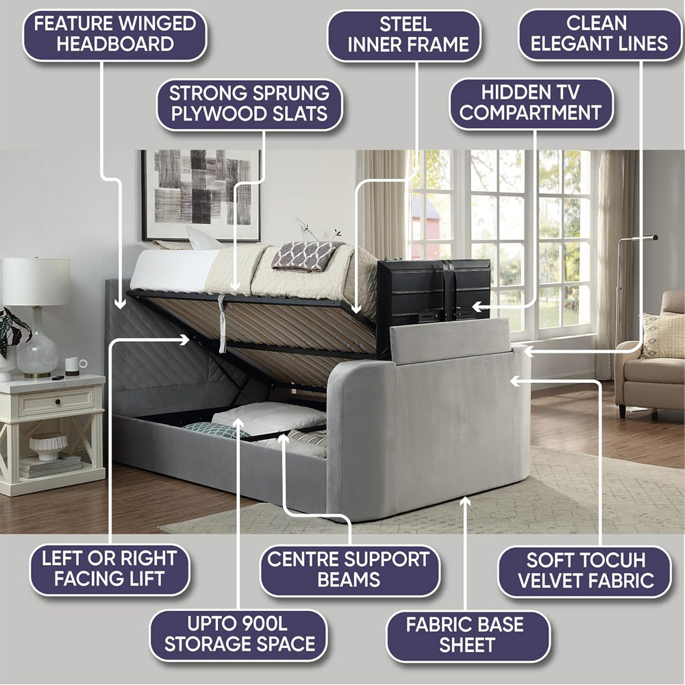 Home Treats King Size Grey Velvet Ottoman TV Bed Image 8
