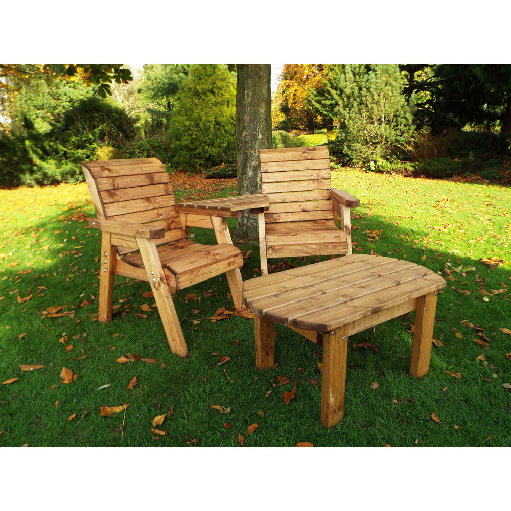 Samuel Alexander 2 Seater Chunky Rustic Wooden Garden Loveseat with Tray and Table Image 4