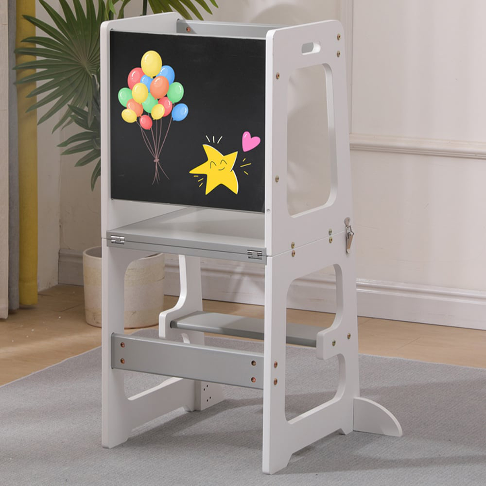FurnitureHMD 2-in-1 White and Grey Kids Wooden Kitchen Step Stool with Blackboard and Safety Rail Image 1