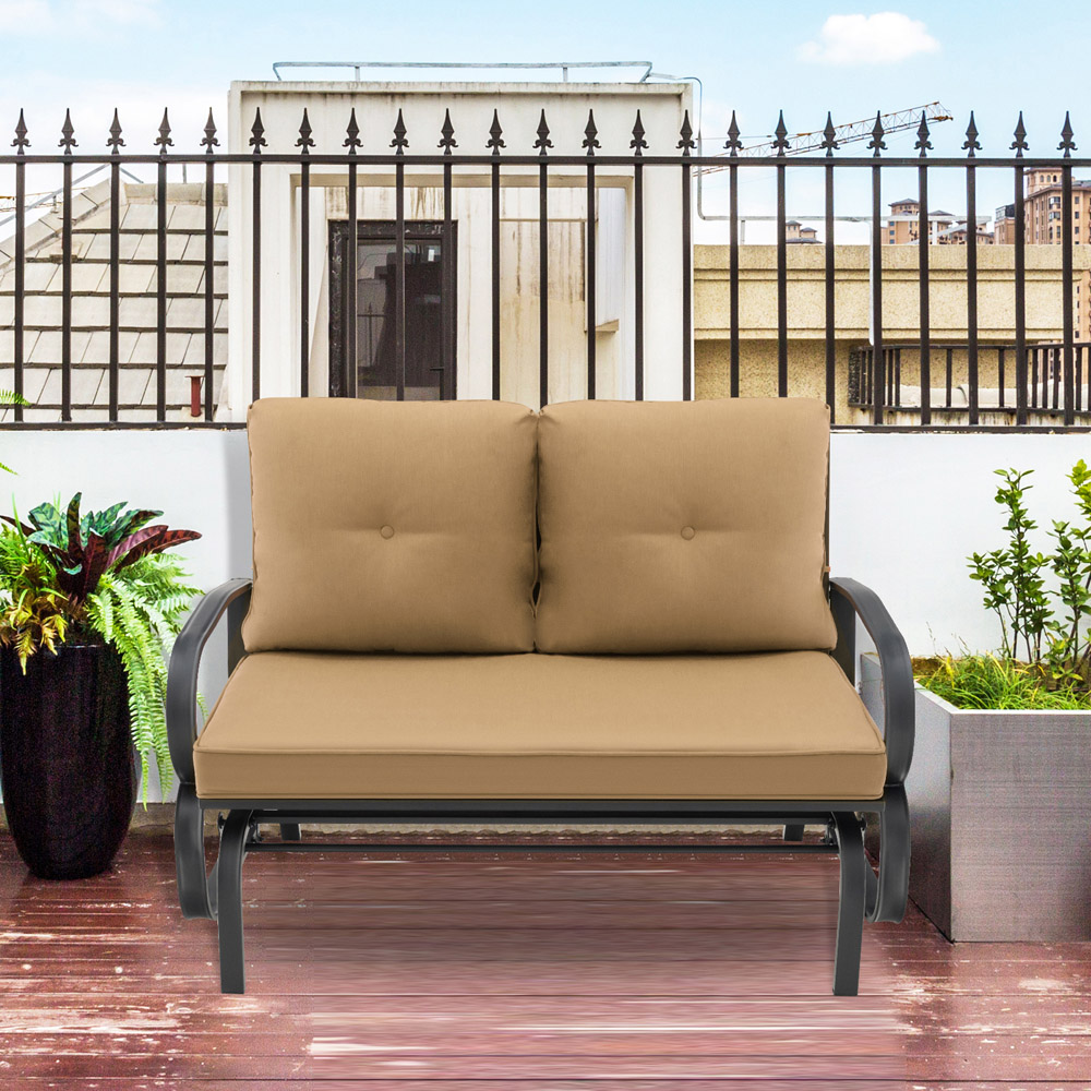 Costway 2 Seater Beige Outdoor Glider Bench with Cushions Image 4