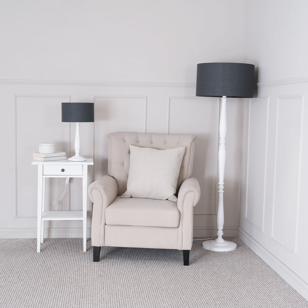 ValueLights Victoria Charcoal Fabric Drum Shade White Wood Traditional LED Table Lamp Image 4