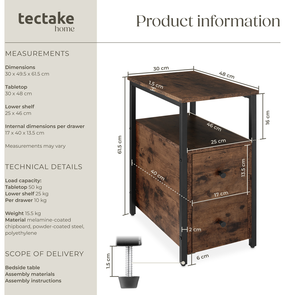 tectake Tullamore 2 Drawer Dark Industrial Wood Rustic Bedside Table Image 9