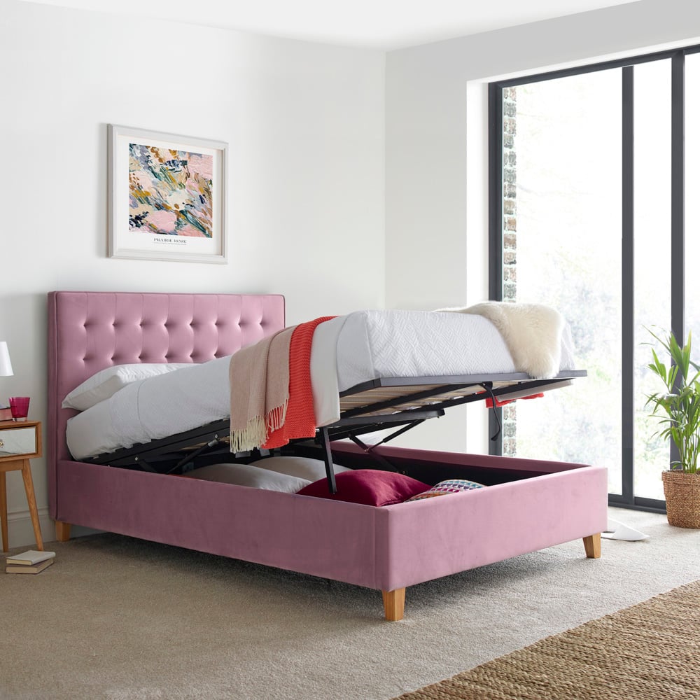 Kingham Double Pink Velvet Ottoman Bed Image 2