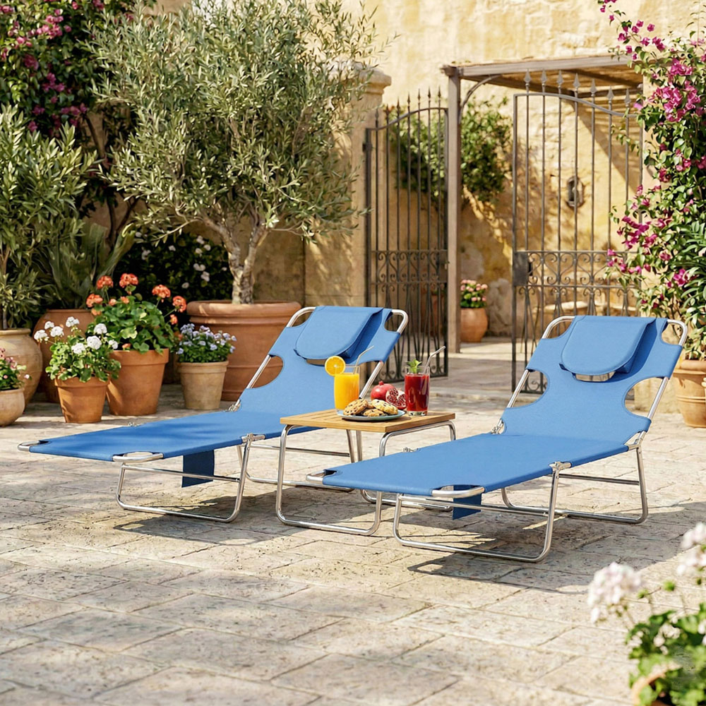 Outsunny Set of 2 Blue Foldable Sun Lounger with Reading Hole Image 1