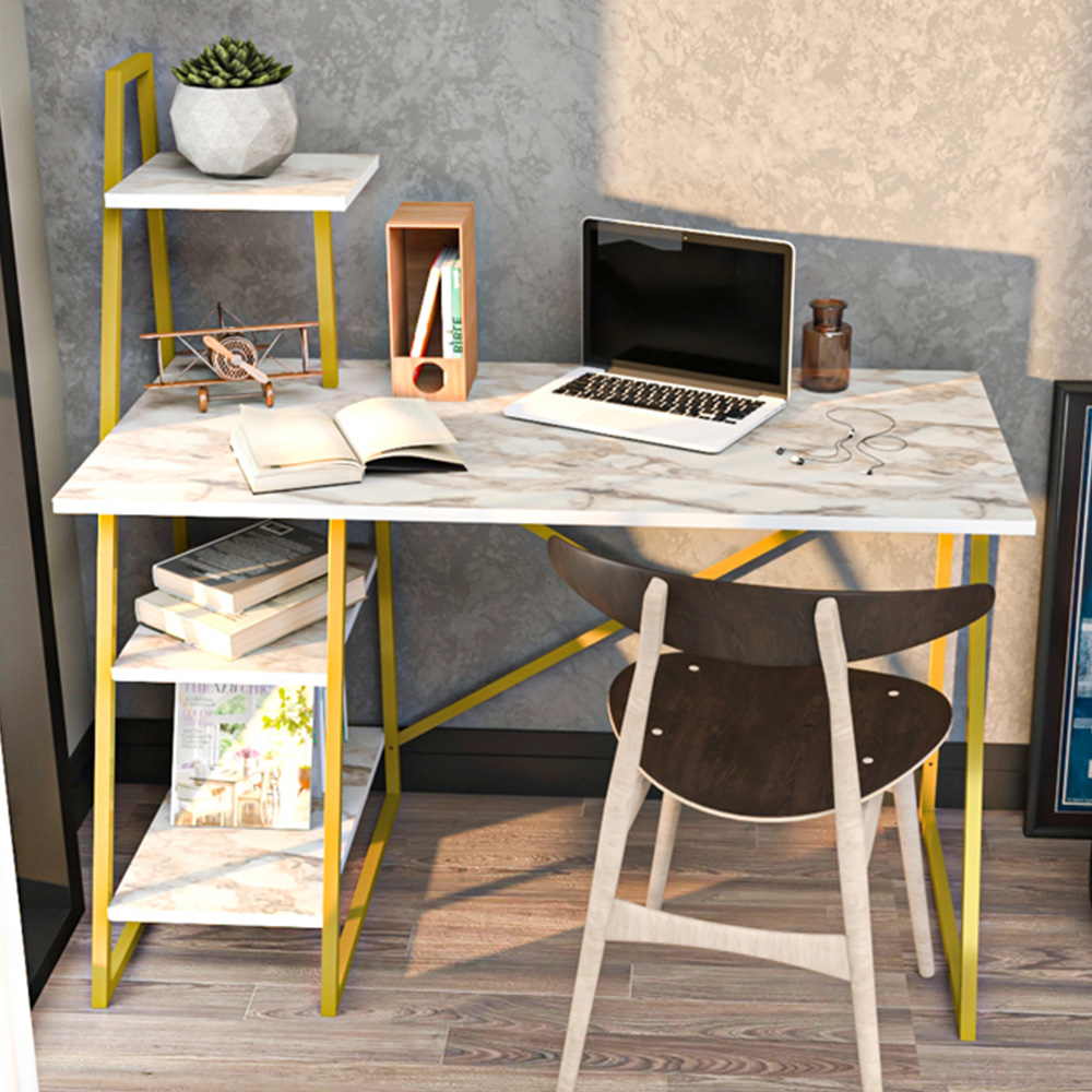 Decorotika Admira Gold and White Marble Effect Modern Computer Desk Image 1