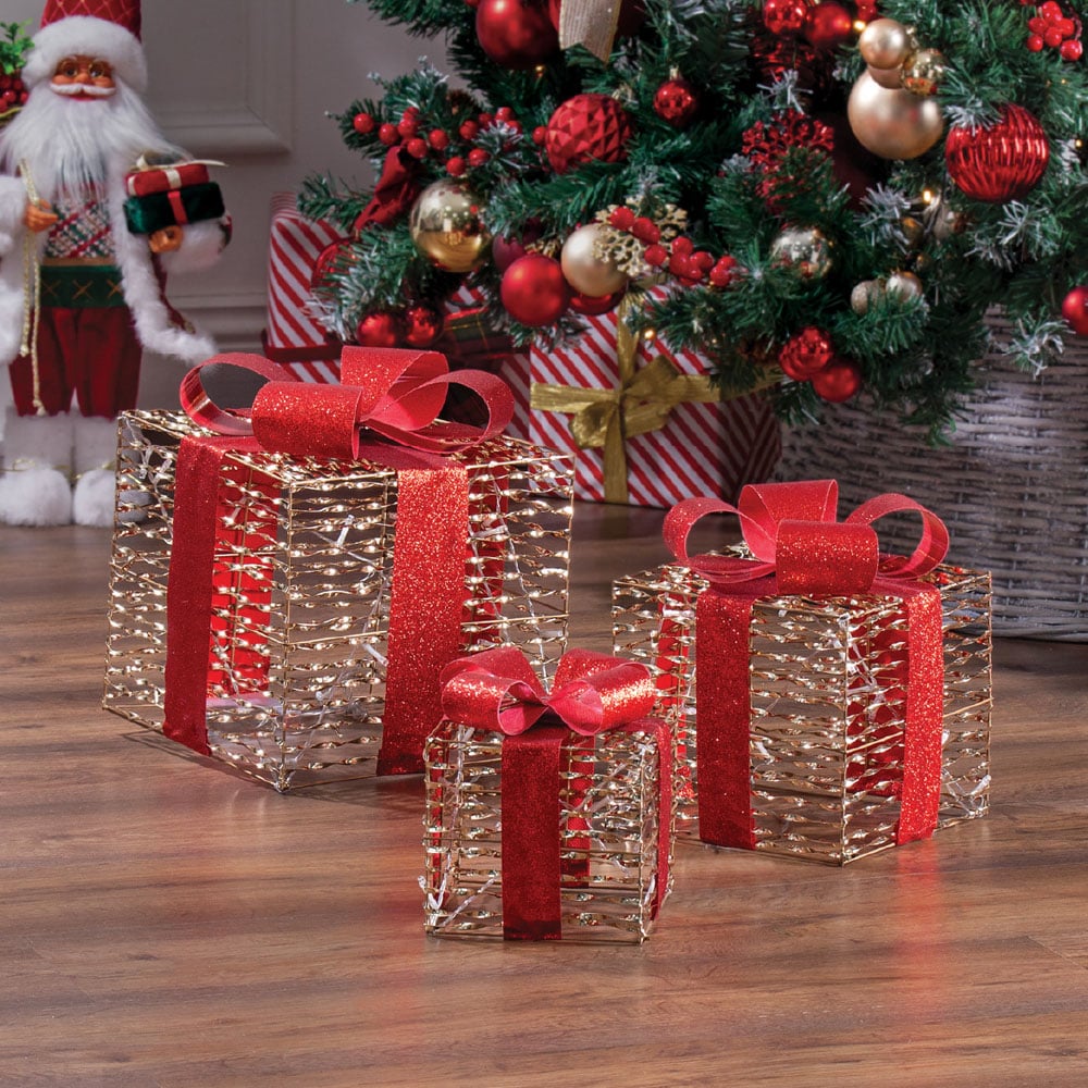 The Christmas Workshop 75 Warm White LED Gold and Red Gift Box Decoration Set of 3 Image 3
