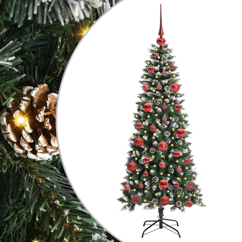 vidaXL Pre-Lit Red Baubles Green Artificial Snow Tipped Christmas Tree 5ft Image 2