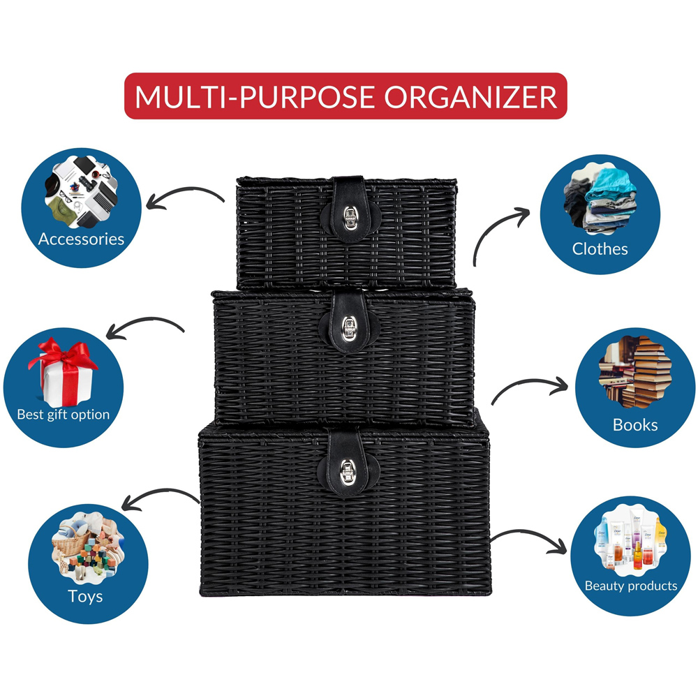 Innoteck Essentials Black Woven Hamper Storage Baskets with Lid 3 Pack Image 6