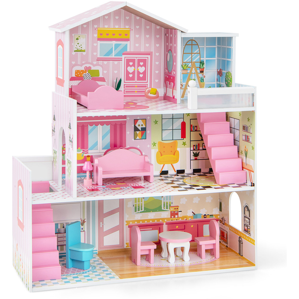 Costway Pink Kids Wooden Dollhouse Image 1