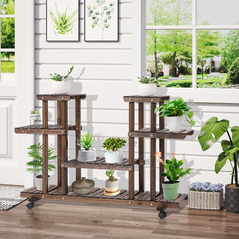 Outsunny 4 Tier Wood Plant Stand with Wheels 123.5 x 33 x 80cm Image 2