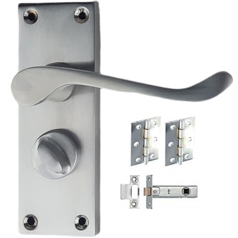 Golden Grace Satin Chrome Victorian Scroll Bathroom Lock Door Handle with Hinge 63mm 120mm Image