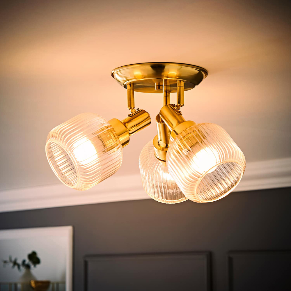 ValueLights Calpe Ribbed Clear Shades 3 Way Antique Brass Adjustable Ceiling Spotlight with Bulbs Image 2