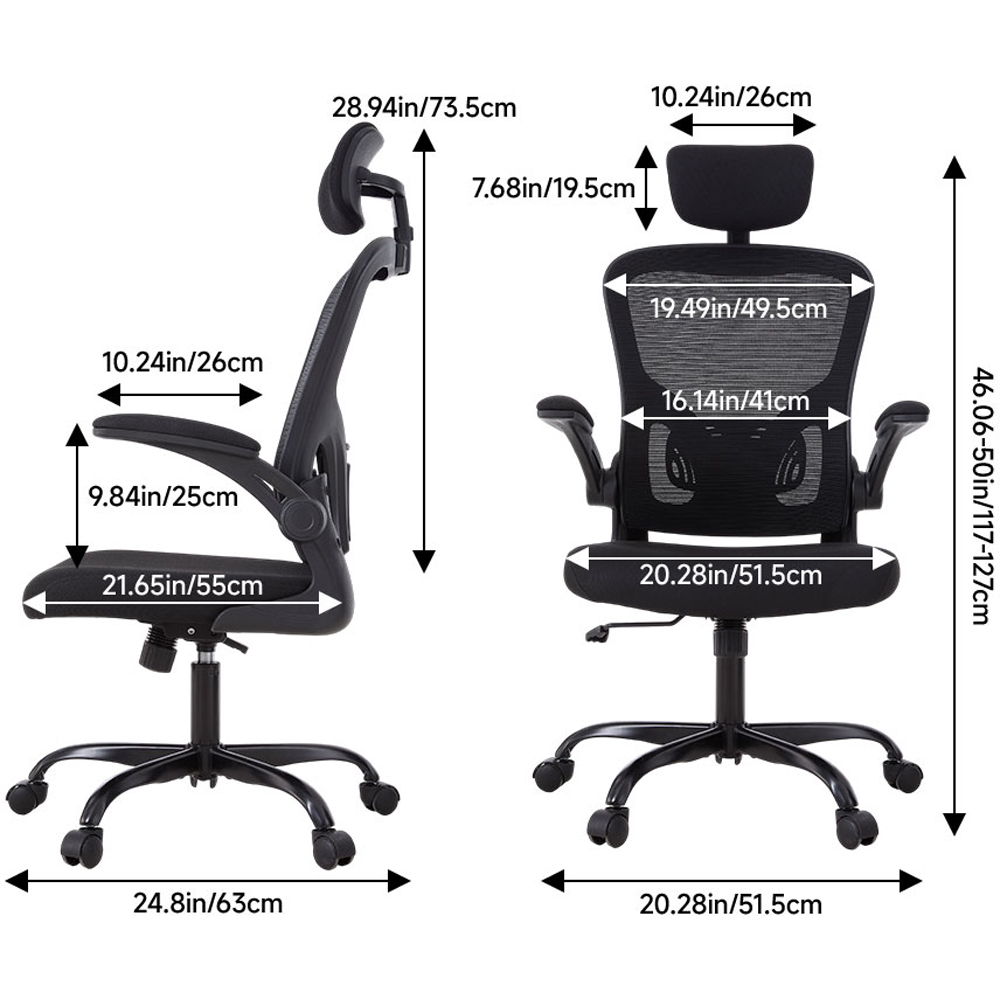 Living and Home Black Adjustable Headrest and Flip-Up Armrest Office Chair Image 9