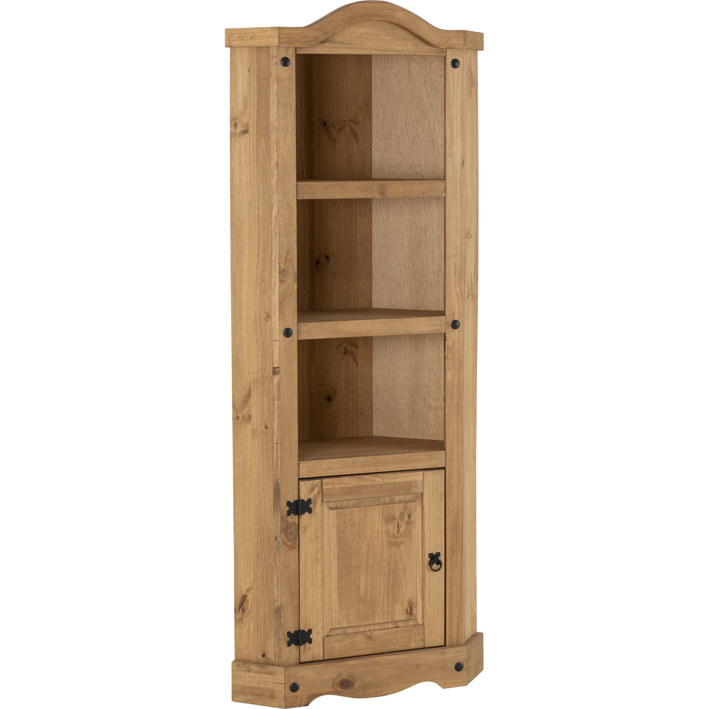 Seconique Corona Single Door 3 Shelf Distressed Waxed Pine Corner Bookshelf Image 2