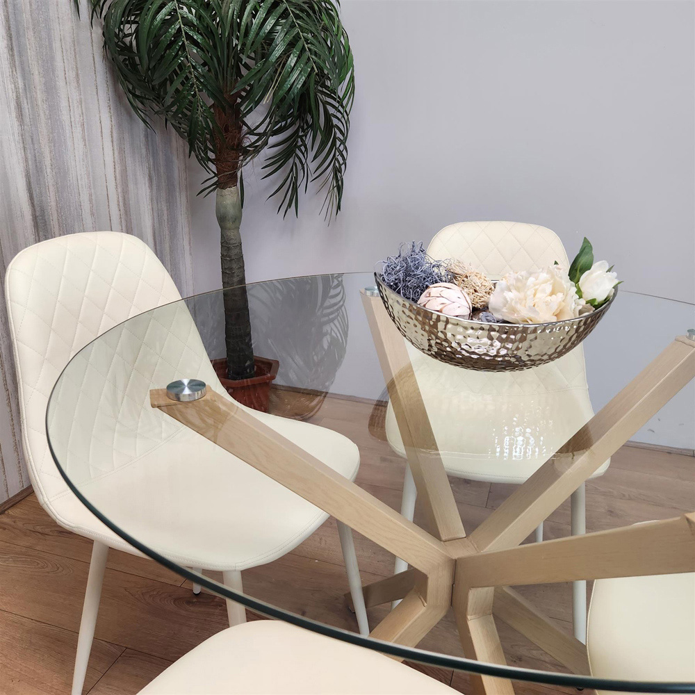 Kosy Koala 4 Seater Glass and Faux Leather Gem Pattern Round Dining Set Cream Image 5