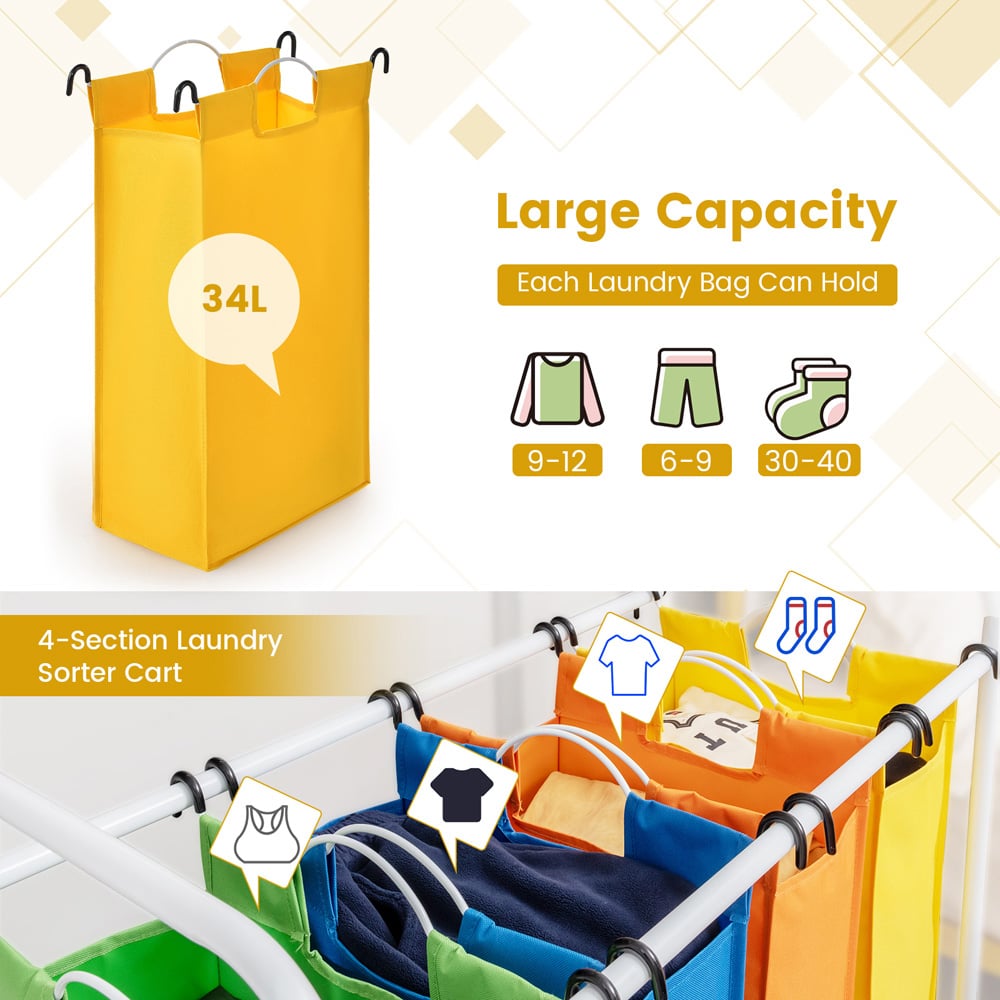 Costway 4 Section Multicolour Removable Laundry Sorter Basket 136L Image 7