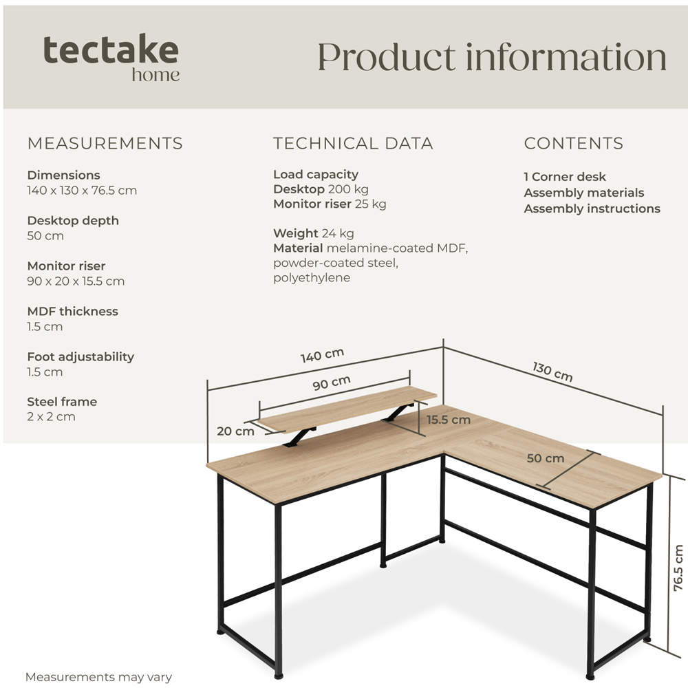 tectake Melrose Oak Sonoma Corner Desk with Movable Monitor Stand Image 8