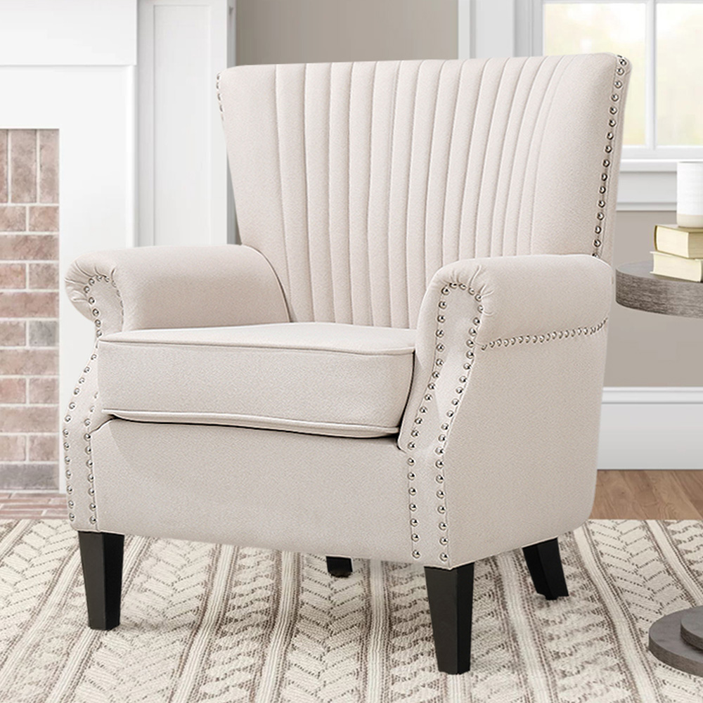 Living and Home Channel Beige Deep Cushioned Armchair with Nailhead Trim Image 1