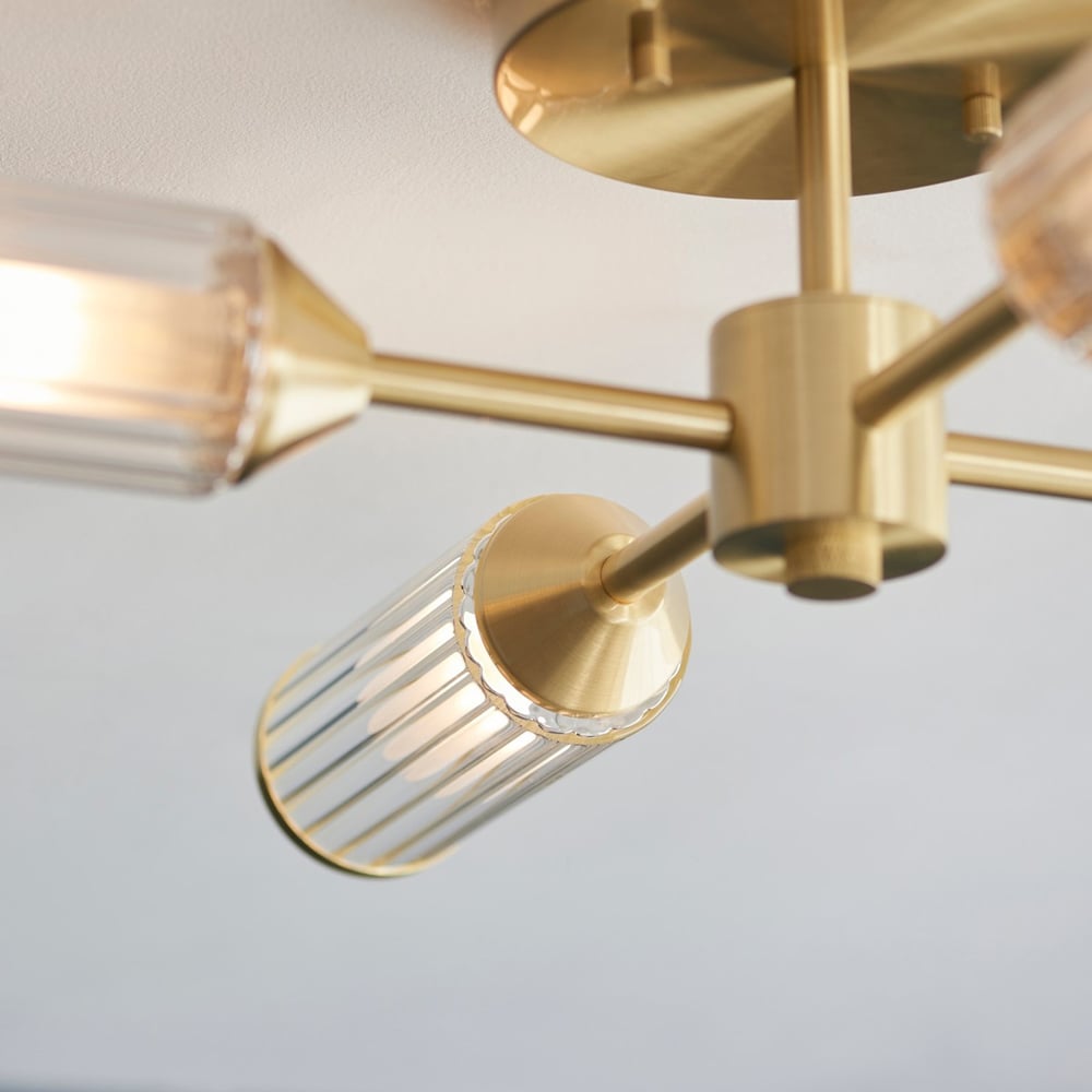 Merano Trieste Clear and Frosted Glass Satin Brass Plate Multi Arm Semi Flush Ceiling Lamp Image 6