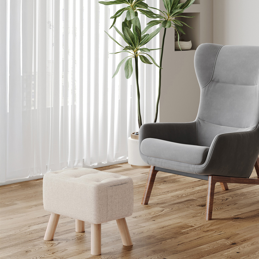 Living and Home Beige Linen Footstool with Oak Legs and Side Pocket Image 7
