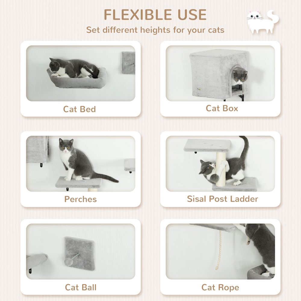 PawHut Grey 6 Piece Cat Wall Furniture Set Image 4