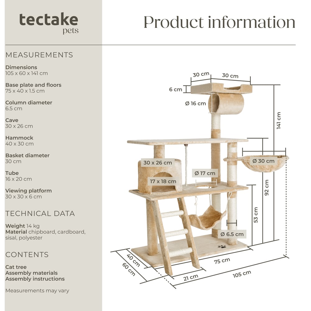 tectake Marcel Beige Cat Tree with Scratching Posts 141cm Image 9