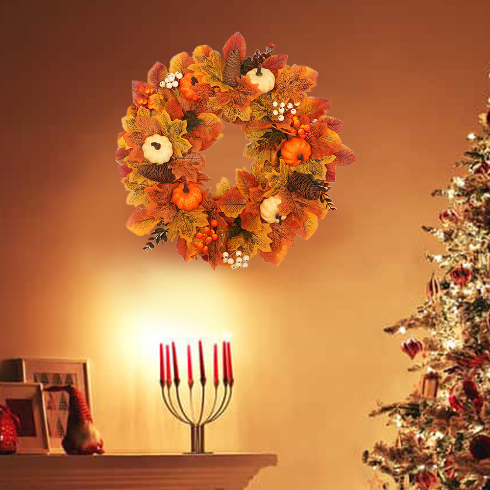 Living and Home LED Wreath with Maple Leaves Pumpkins and Berries 45cm Image 2