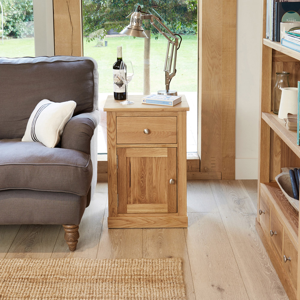 Baumhaus Mobel Single Door Single Drawer Oak Lamp Table Image 2
