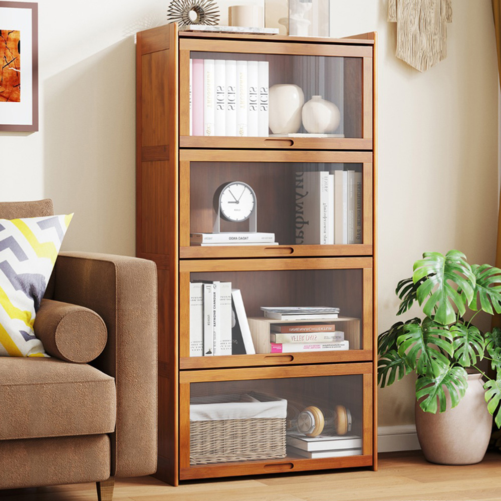 Costway 4 Shelf Brown Bamboo Bookcase with Acrylic Doors Image 1