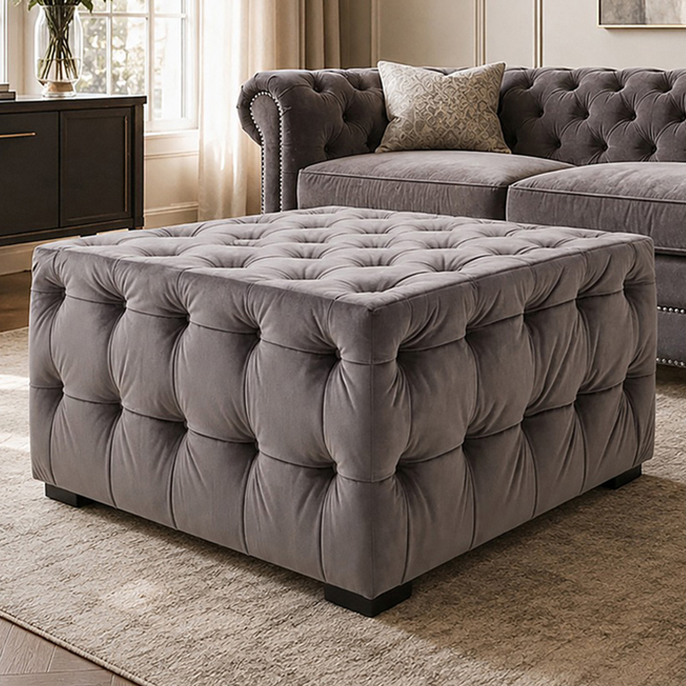 Premier Housewares Stella Grey Velvet Button Tufted Stool Image 1
