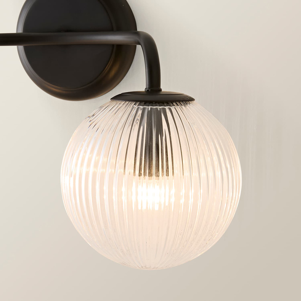 ValueLights Kempton 2 Arm Ribbed Glass Globe Matte Black LED Wall Light with Bulb Image 3