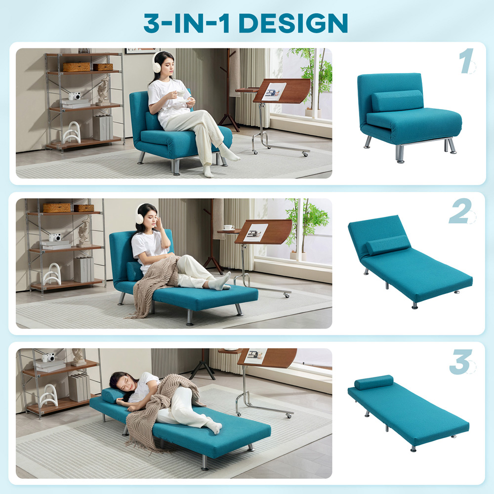 HOMCOM Single Dark Blue Linen Chair Bed with Adjustable Backrest Image 5