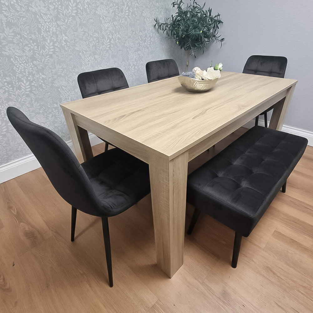 Portland Rocco 6 Seater Modern Velvet Dining Bench Set Oak and Black Image 1