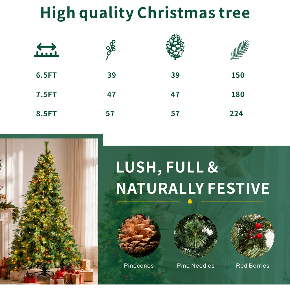 Abrihome 350 Warm White LED Pre-Lit Artificial Christmas Tree with Berries and Pinecones 6.5ft Image 8