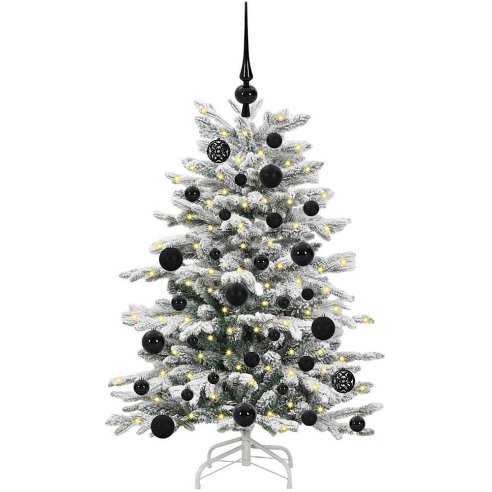vidaXL Pre-Lit Black Baubles White Artificial Snow Flocked Christmas Tree 4ft Image 1
