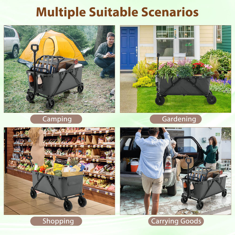Costway Grey Collapsible Foldable Wagon Cart with Adjustable Handlebar Image 7