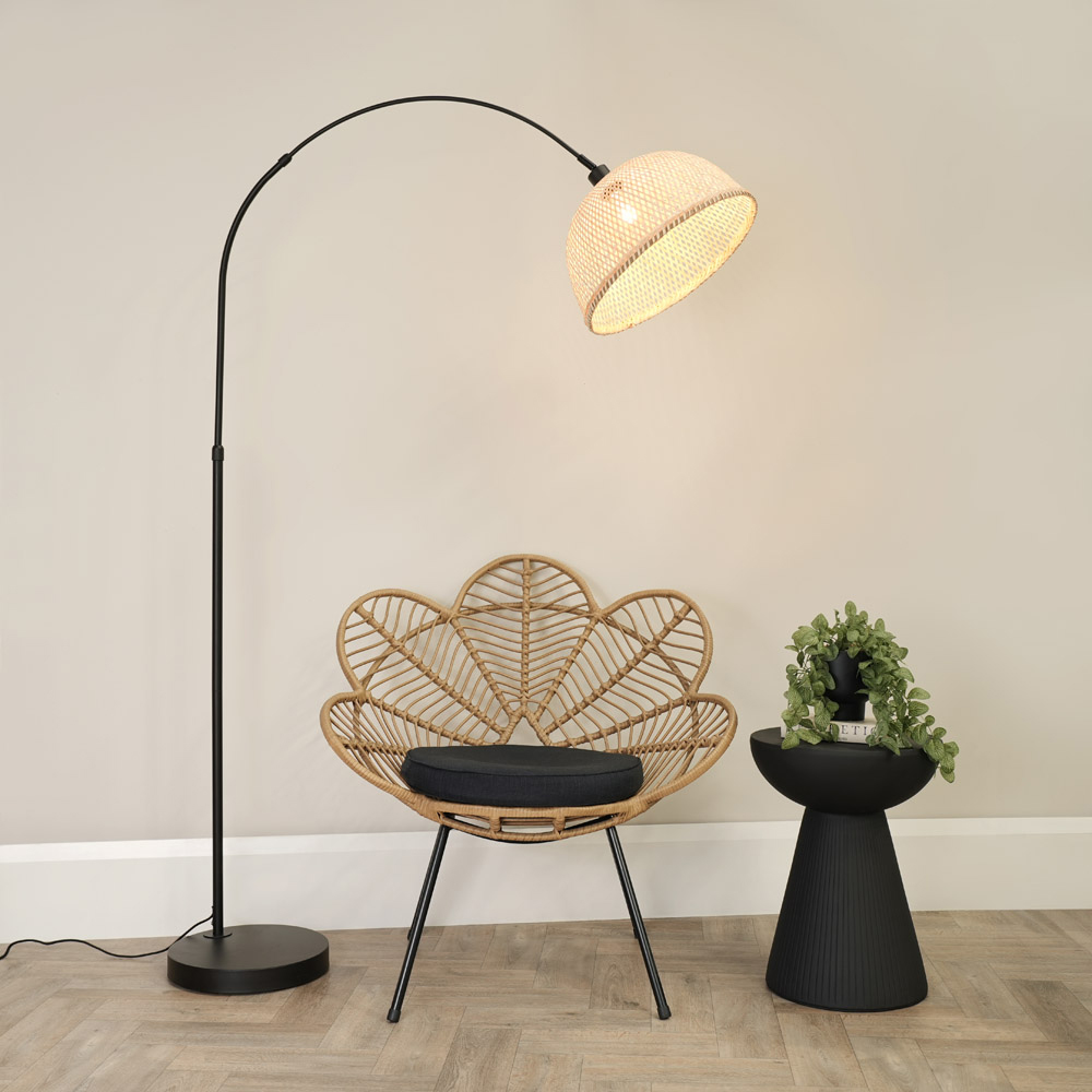 ValueLights Louis Bamboo Dome Shade Black Curved LED Floor Lamp Image 2