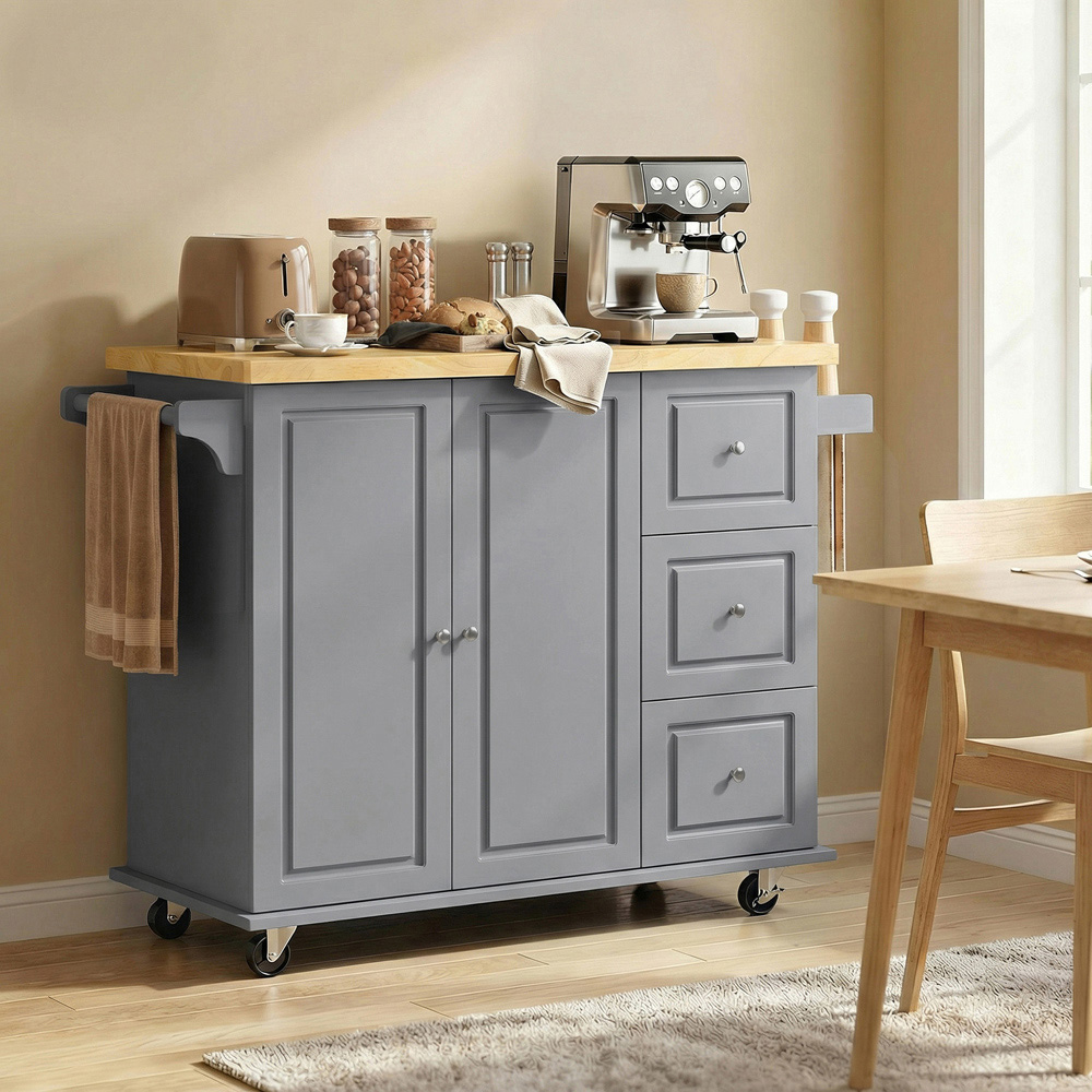Portland 2 Door 3 Drawer Grey Drop Leaf Kitchen Island Storage Trolley Image 8