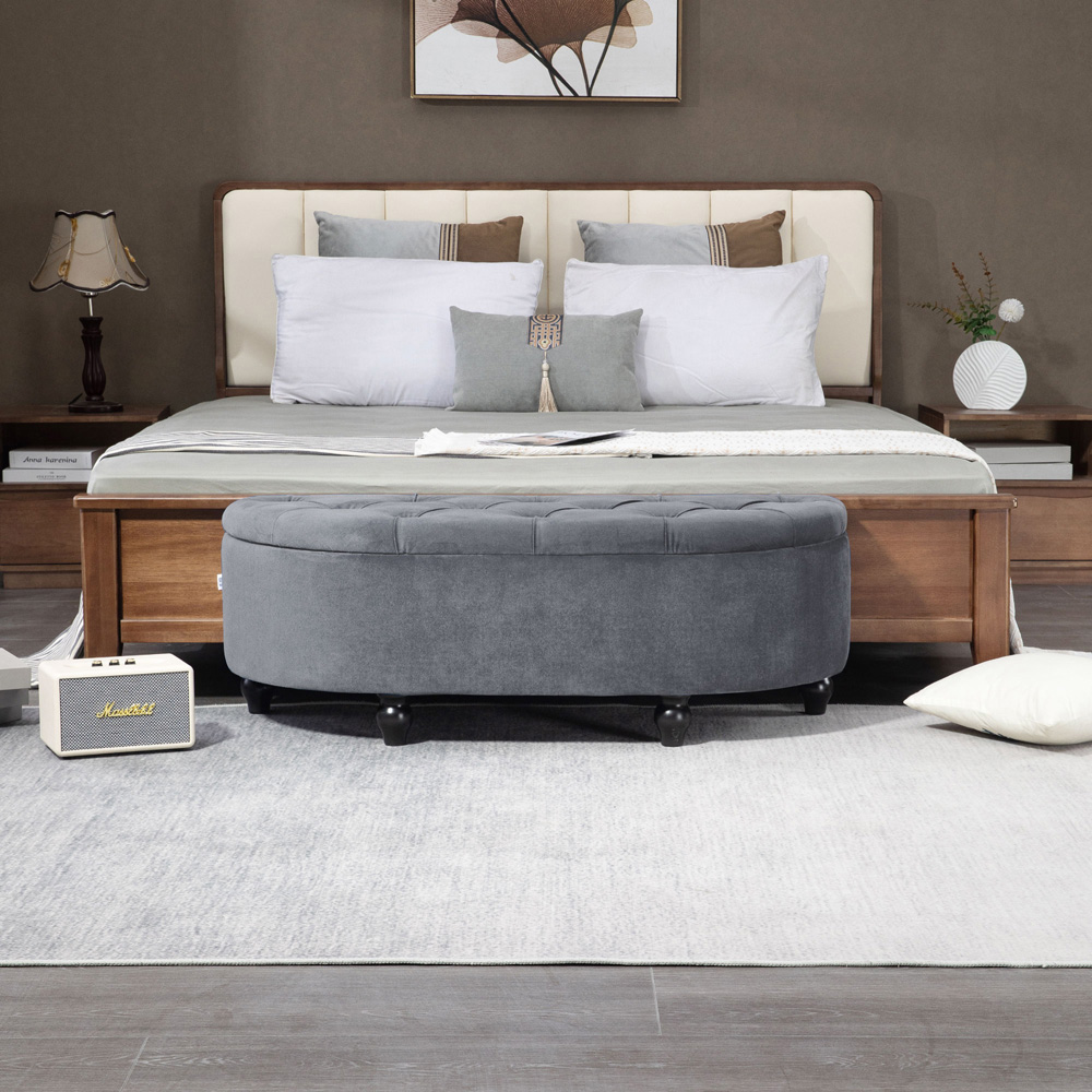 HOMCOM Dark Grey Tufted Semi Circle Bed End Ottoman Bench Image 3