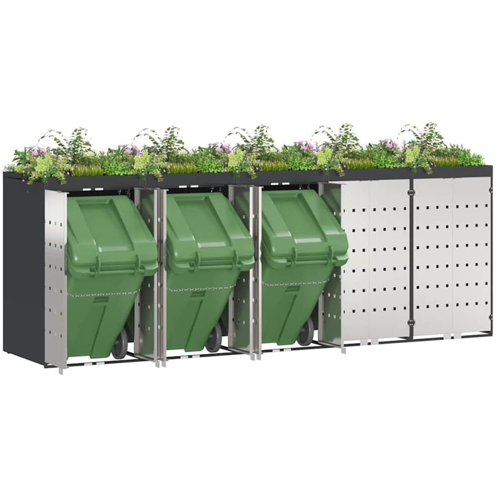 vidaXL Anthracite 5 Wheelie Bin Storage Shed with Stainless Steel Door and Planter Roof Image 3