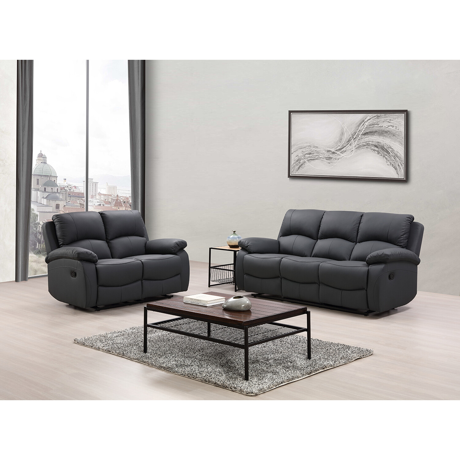 Milano 3 Seater Dark Grey Leather Manual Recliner Sofa Image 4