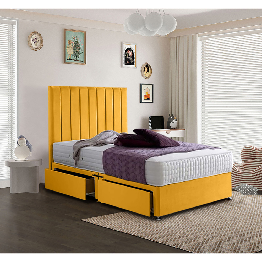 Eleganza Home Sleepytime King Size Mustard Plush Velvet 2 Drawer Divan Bed with Headboard Image 2