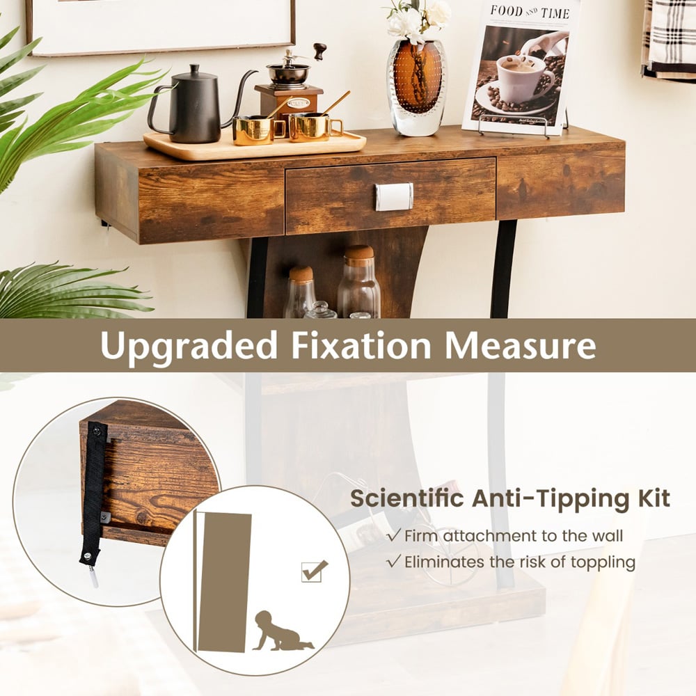 Costway Single Drawer 2 Shelf Brown T Shaped Console Table Image 6