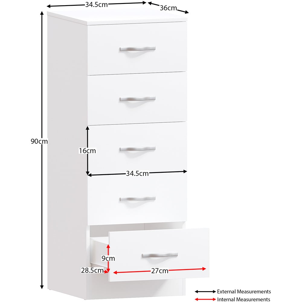 Vida Designs Riano 5 Drawer White Narrow Chest of Drawers Image 9