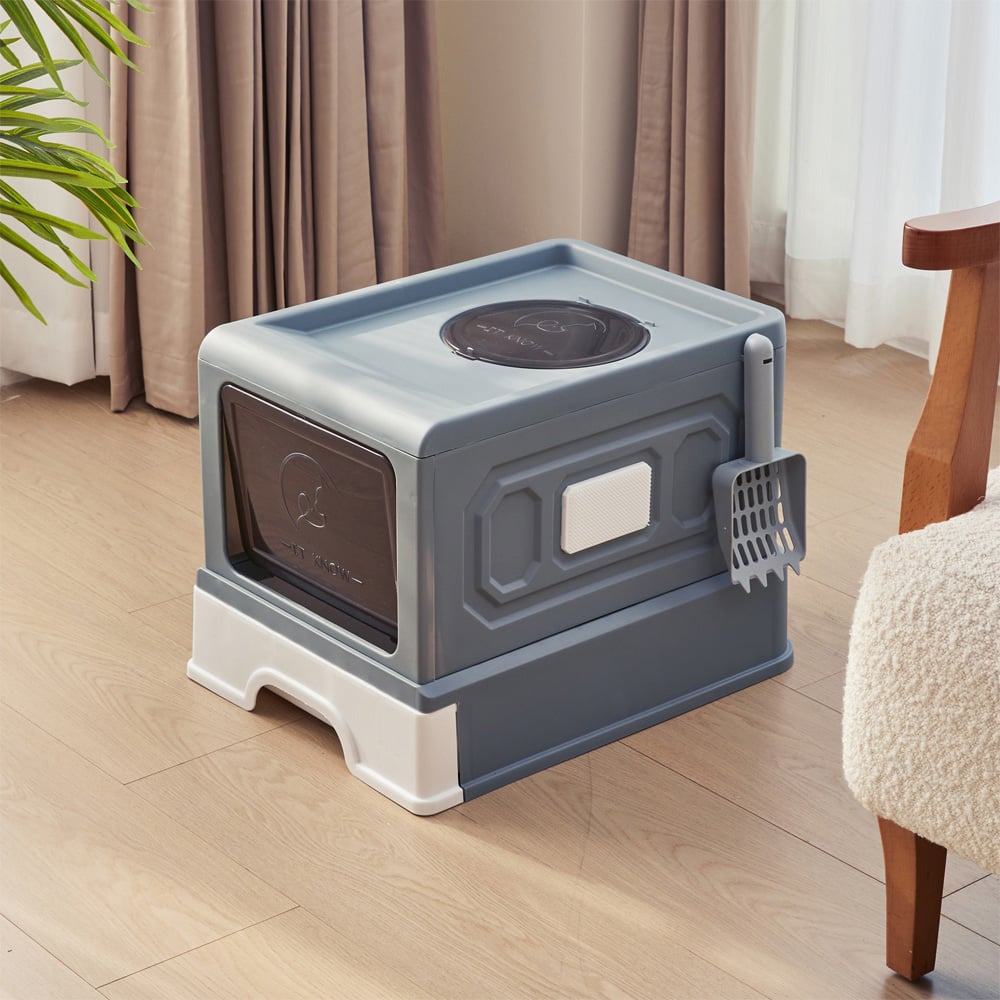 H&O Direct Grey Large Enclosed Cat Litter Box with Scoop and Drawer Image 2