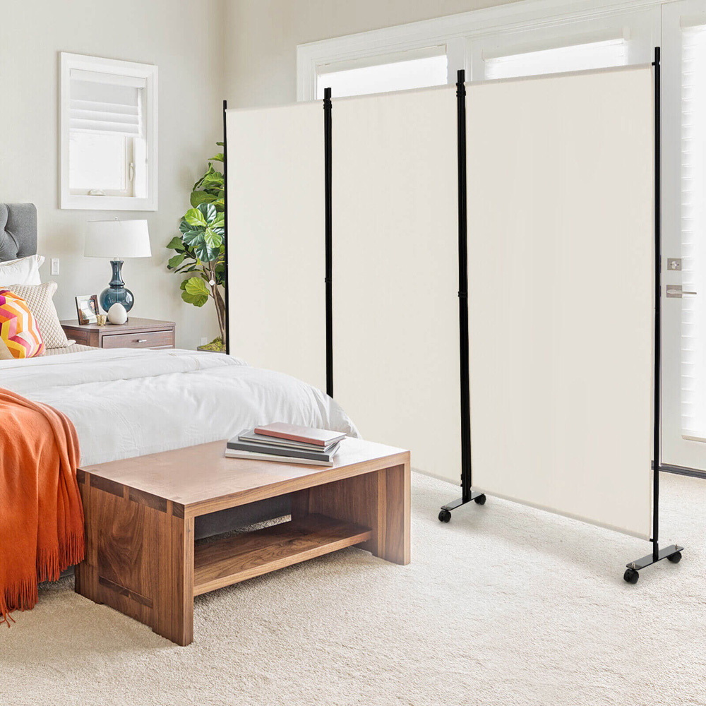 Costway Beige Foldable 3 Panel Room Divider with Wheels Image 2