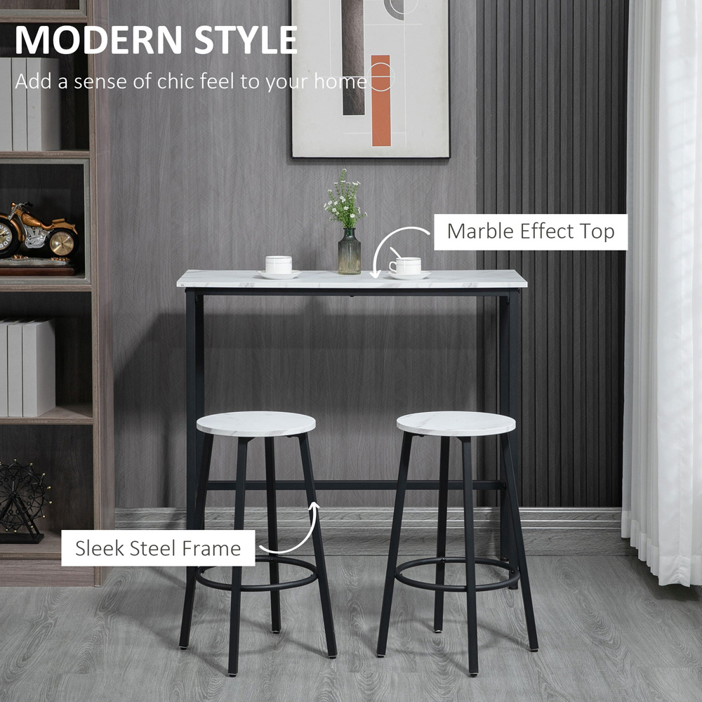 HOMCOM 2 Seater White Marble Effect Bar Table and Stool Set with Footrest Image 7