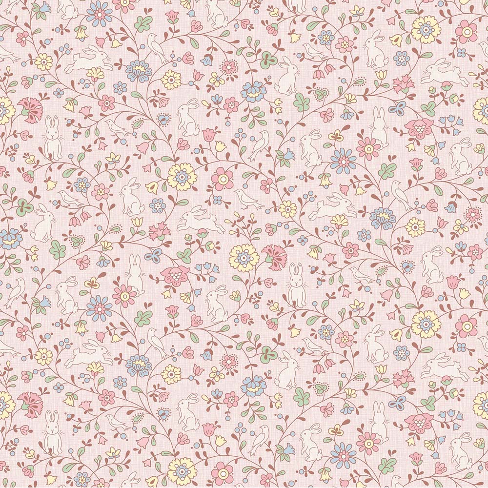 Grandeco Liberty Floral Bunny Trail Nursery Pink Textured Wallpaper Image 1