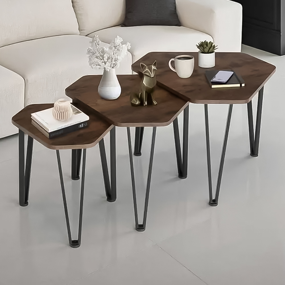 tectake Torquay Dark Wood Nesting Coffee Table Set of 3 Image 1
